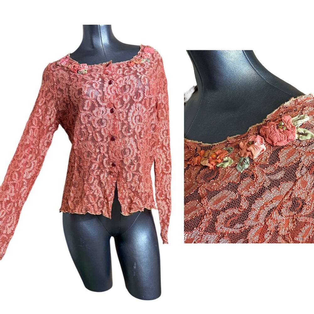 Vintage Y2K 1990s Lace Floral Women's Top Blouse Button Cardigan w Flowers